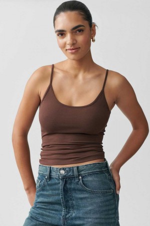 Women Gina Tricot Basic Strap Tank Top Brown | 46LWFCZNT