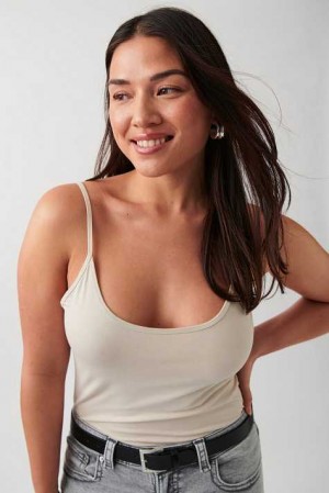 Women Gina Tricot Basic Strap Tank Top Beige | 67QEUKPRA