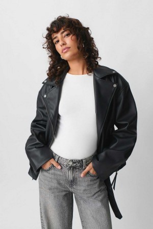 Women Gina Tricot Belted Biker Jacket Black | 08PDHFROX