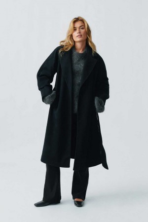 Women Gina Tricot Belted Long Coat Black | 35UPVFQGR