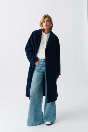 Women Gina Tricot Belted Long Coat Blue | 59JKHXDGC