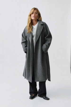 Women Gina Tricot Belted Long Coat Grey | 07FZKMUIQ