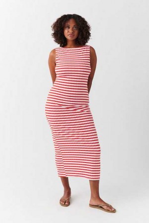 Women Gina Tricot Boatneck Rib Dress Red | 82ULOEXJB