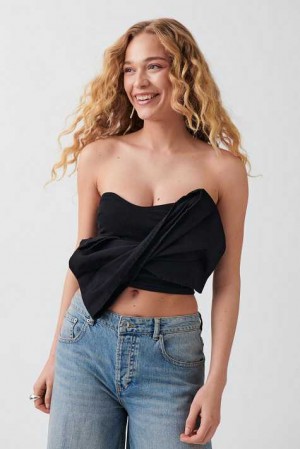 Women Gina Tricot Bow Denim Top Black | 06DLZSQYU