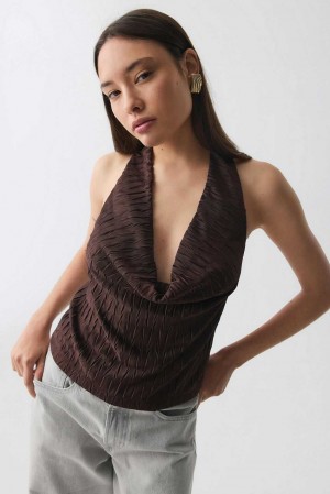 Women Gina Tricot Cowl Neck Top Brown | 62GAZCQUT