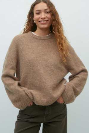 Women Gina Tricot Crew Neck Knitted Sweaters Beige | 35BFDJZYA