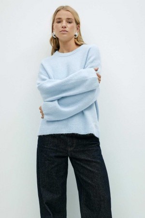 Women Gina Tricot Crew Neck Knitted Sweaters Blue | 41WYUSQMK