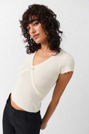 Women Gina Tricot Crochet Knitted Top White | 24FUJQXZS