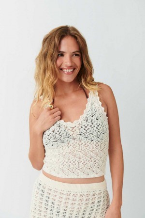 Women Gina Tricot Crochet Tank Top White | 90EXNOUVM