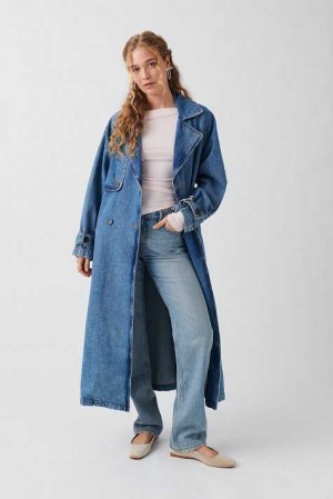 Women Gina Tricot Denim Long Trench Coat Blue | 46FSQGAYC