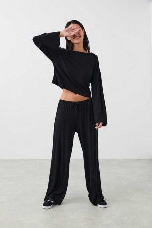 Women Gina Tricot Drawstring Wide Pyjamas Black | 74NGJEHAF