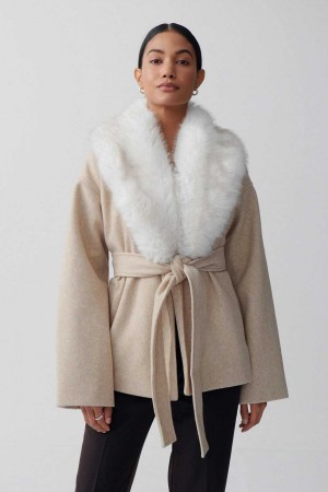 Women Gina Tricot Faux Fur Collar Coat White | 13JMQDUEH