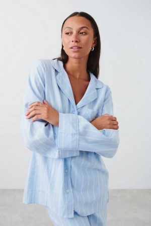 Women Gina Tricot Flannel Pyjamas Blue | 36NRMPJTW