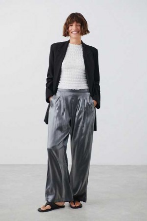 Women Gina Tricot Fluid Metallic Trousers Silver | 82HANRZBI