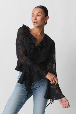 Women Gina Tricot Frill Blouse Black | 12QCIOFGJ