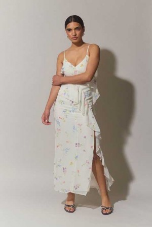 Women Gina Tricot Frill Chiffon Maxi Dress White | 14YNZMFHQ