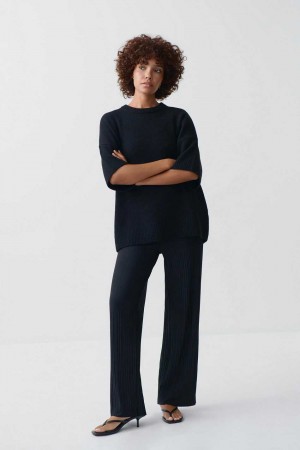 Women Gina Tricot Jersey Plisse Trousers Black | 37KGXCHWL