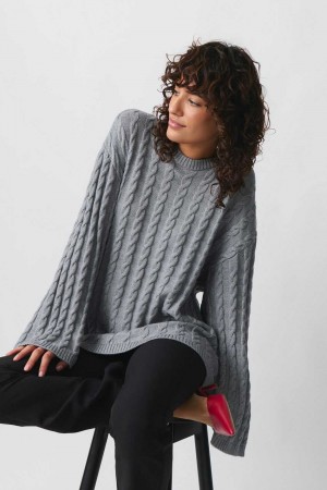 Women Gina Tricot Knitted Cable Sweaters Grey | 78YFBNAWK