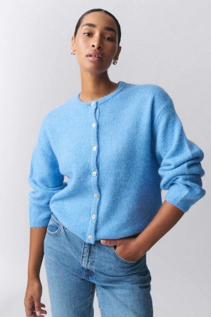 Women Gina Tricot Knitted Cardigan Blue | 32GYWCFJZ