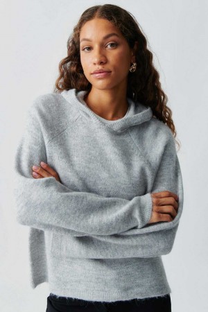 Women Gina Tricot Knitted Hoodie Grey | 83OVIJRPZ