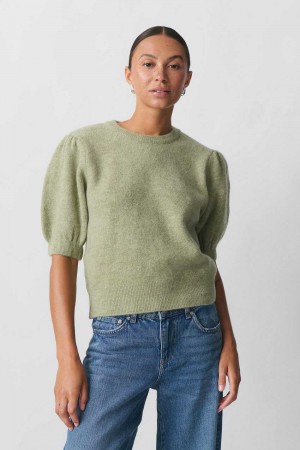 Women Gina Tricot Knitted Puff Sleeve Sweaters Green | 71ZIPBUKY