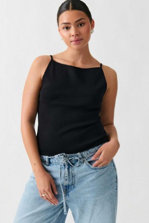 Women Gina Tricot Knitted Strap Tank Top Black | 57BGNDJYW