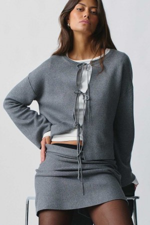 Women Gina Tricot Knitted Tie Cardigan Grey | 96JRWMIAD