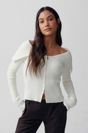 Women Gina Tricot Knitted Zip Collar Cardigan White | 63GOVHIYF