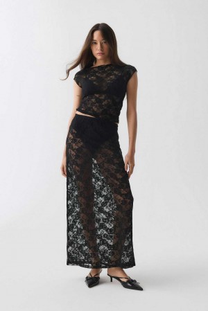 Women Gina Tricot Lace Maxi Skirts Black | 96DJRLVFN