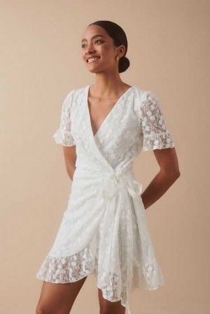 Women Gina Tricot Lace Wrap Mini Dress White | 19MKTFLDP