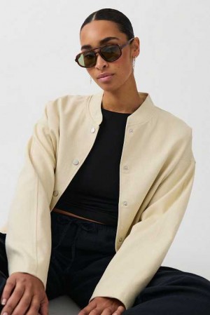 Women Gina Tricot Linen Blend Bomber Jacket White | 79CIZBNKW