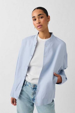 Women Gina Tricot Linen Blend Bomber Jacket Blue | 49OHJNLKD