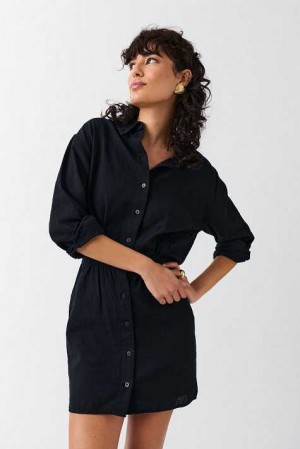 Women Gina Tricot Linen Blend Shirt Dress Black | 94GFRPZAT