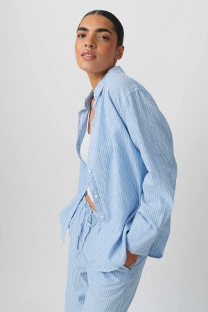 Women Gina Tricot Linen Blend Shirts Blue | 71GBMJQSZ