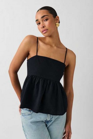 Women Gina Tricot Linen Blend Tank Top Black | 57THJMZFV