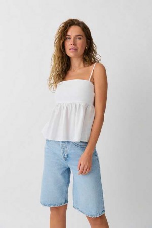 Women Gina Tricot Linen Blend Tank Top White | 10ORNWYEB