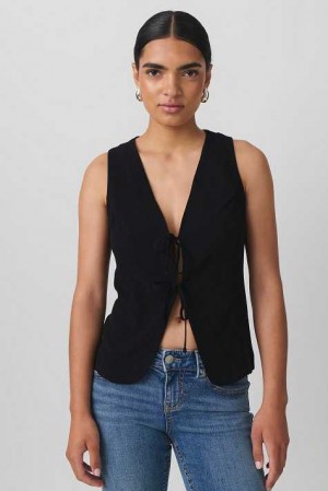 Women Gina Tricot Linen Blend Tie Vest Black | 34VNIWTRP