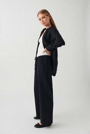 Women Gina Tricot Linen Blend Trousers Black | 24KEJMIHG