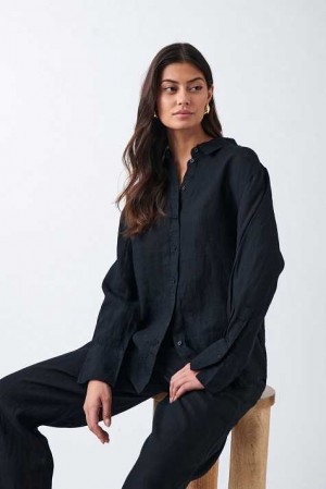 Women Gina Tricot Linen Shirts Black | 76VXAUMSW