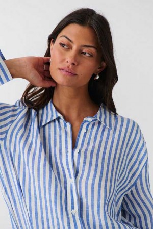 Women Gina Tricot Linen Shirts Blue | 17GIQPCJF