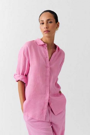 Women Gina Tricot Linen Shirts Pink | 40NSZQWYB