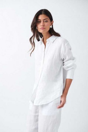 Women Gina Tricot Linen Shirts White | 03CLSOQYM