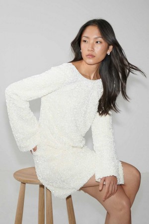 Women Gina Tricot Loose Sequin Mini Dress White | 45LKXGUYM