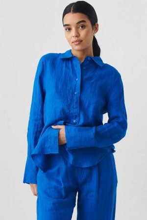 Women Gina Tricot Lovisa Linen Shirts Blue | 95UMFTPBJ