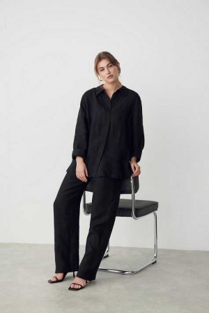 Women Gina Tricot Lovisa Linen Shirts Black | 52PDRBCLN