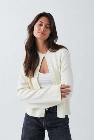 Women Gina Tricot One Button Knit Cardigan White | 81PQXDLZA