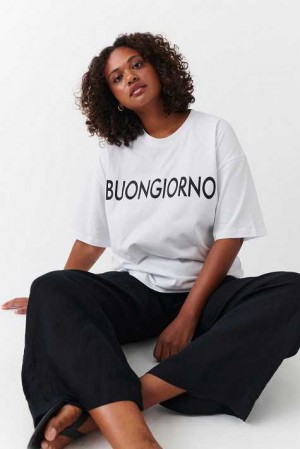 Women Gina Tricot Oversized Print T Shirts White | 51KVENFBH