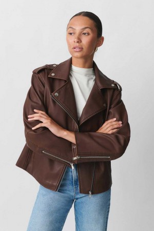 Women Gina Tricot Oversized Pu Biker Jacket Beige | 68AMUIZSG