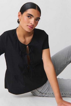 Women Gina Tricot Peplum Tie Blouse Black | 49HZODNQR