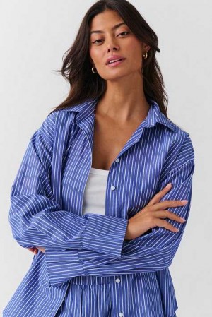 Women Gina Tricot Poplin Shirts Blue | 90ANGDRQW